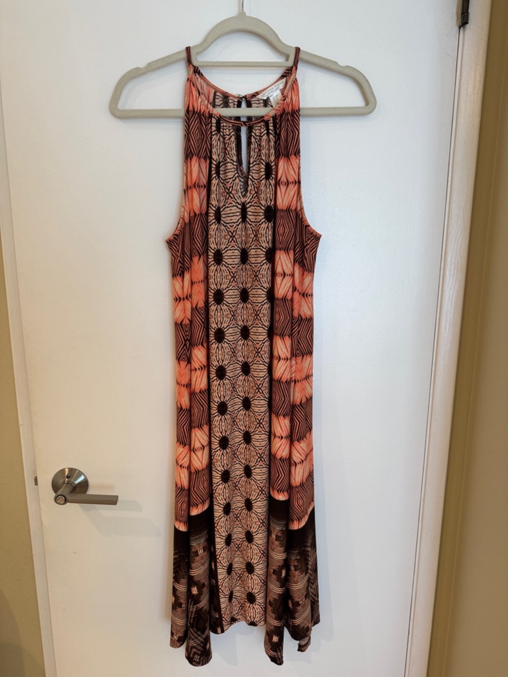 London Times Coral and Brown Patterned Halter Maxi Dress